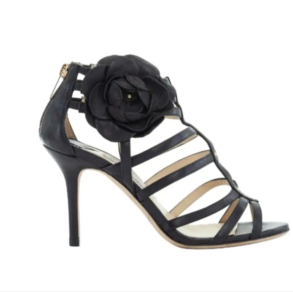 Authentic Jimmy Choo Black Leather Opaque Flower Cage Sandals - Picture 1 of 13